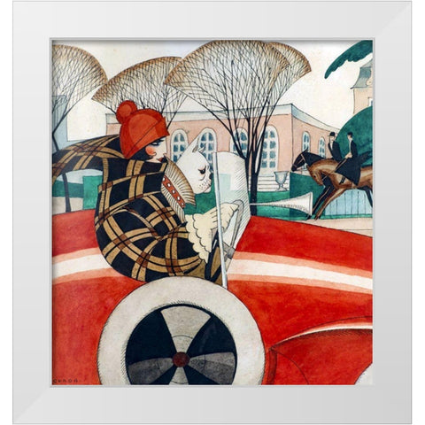 Girl and pug in an Automobile White Modern Wood Framed Art Print by Wegener, Gerda