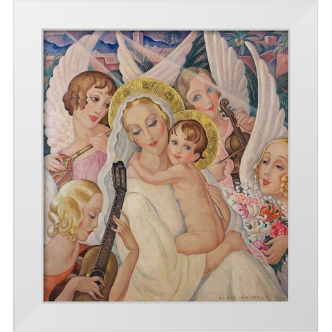 Madonna and child-surrounded by angels with musical instruments White Modern Wood Framed Art Print by Wegener, Gerda