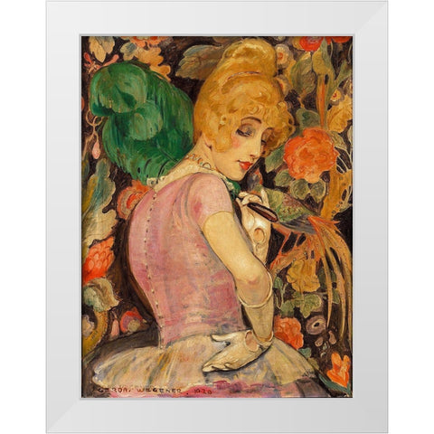 Portrait of Lili Elbe with a green feather fan White Modern Wood Framed Art Print by Wegener, Gerda