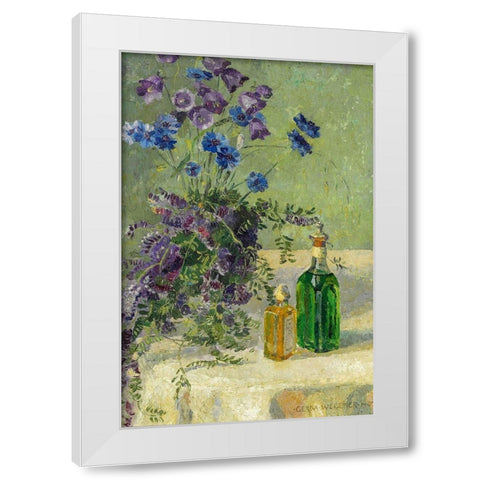 Still life with blue flowers and two bottles on a table White Modern Wood Framed Art Print by Wegener, Gerda