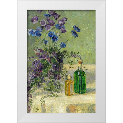 Still life with blue flowers and two bottles on a table White Modern Wood Framed Art Print by Wegener, Gerda