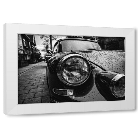 Vintage Headlight in Rain White Modern Wood Framed Art Print by Vintage Photo Archive