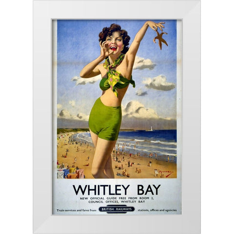 Whitley Bay Railway Poster White Modern Wood Framed Art Print by Vintage Travel Posters