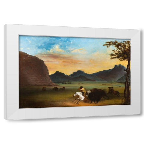 Buffalo Hunt White Modern Wood Framed Art Print by Miller, Alfred Jacob