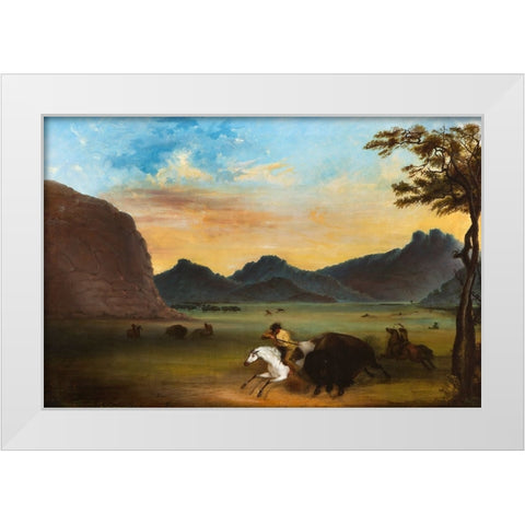 Buffalo Hunt White Modern Wood Framed Art Print by Miller, Alfred Jacob