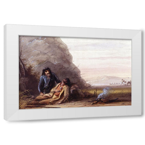 Free Trappers in Trouble White Modern Wood Framed Art Print by Miller, Alfred Jacob