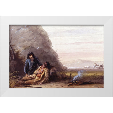 Free Trappers in Trouble White Modern Wood Framed Art Print by Miller, Alfred Jacob