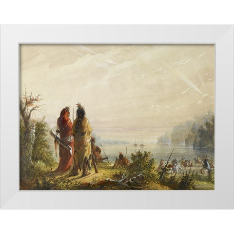 Indians Threatining to Attack Fur Boats White Modern Wood Framed Art Print by Miller, Alfred Jacob