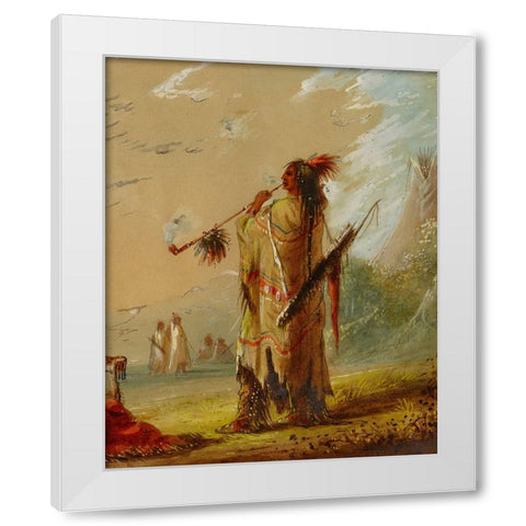 A Shoshonee Indian Smoking White Modern Wood Framed Art Print by Miller, Alfred Jacob