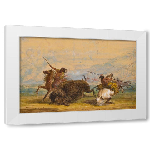 Crow Indians attacking a buffalo with the lance White Modern Wood Framed Art Print by Miller, Alfred Jacob