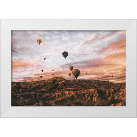 Cappodocia Hot air Balloon White Modern Wood Framed Art Print by Yorgancilar, Ayse