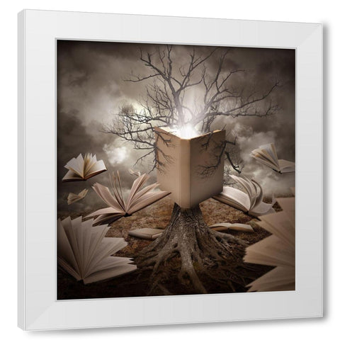 Old Tree Reading Story Book White Modern Wood Framed Art Print by Waye, Angela