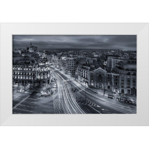 Madrid City Lights White Modern Wood Framed Art Print by De La, Javier