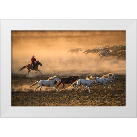 Mongolia Horses White Modern Wood Framed Art Print by Zhang, Libby
