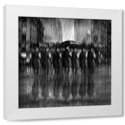 Girls in the Rain White Modern Wood Framed Art Print by Bunjamin (Abe), Antonyus