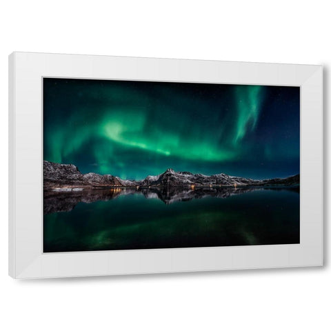 Lofoten Aurora Reflection White Modern Wood Framed Art Print by De La, Javier
