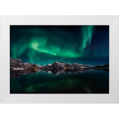 Lofoten Aurora Reflection White Modern Wood Framed Art Print by De La, Javier