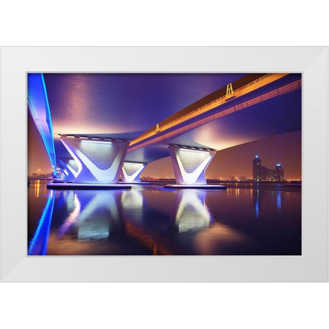 Al Garhoud Bridge-Night White Modern Wood Framed Art Print by Work, Robert