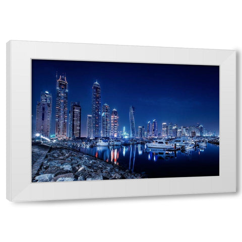 Blue Night White Modern Wood Framed Art Print by Raof, Mohamed