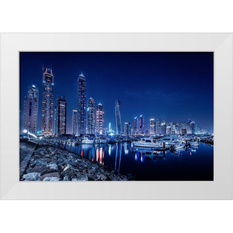 Blue Night White Modern Wood Framed Art Print by Raof, Mohamed