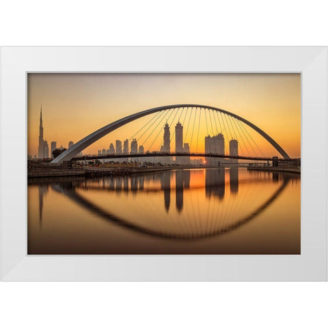 Sunrise at the Dubai Water Canal White Modern Wood Framed Art Print by Shamaa, Mohammed