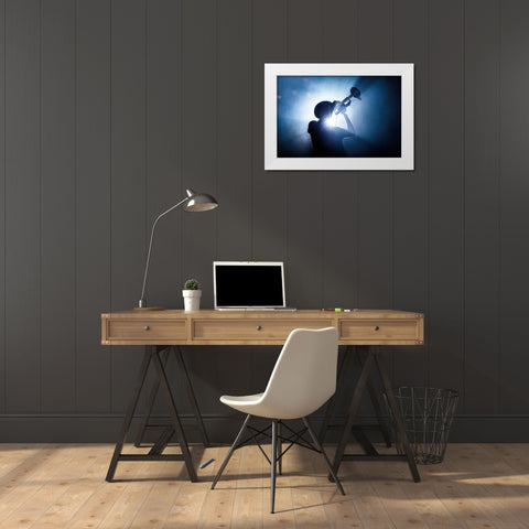 Trumpet Player White Modern Wood Framed Art Print by De Klerck, Erik