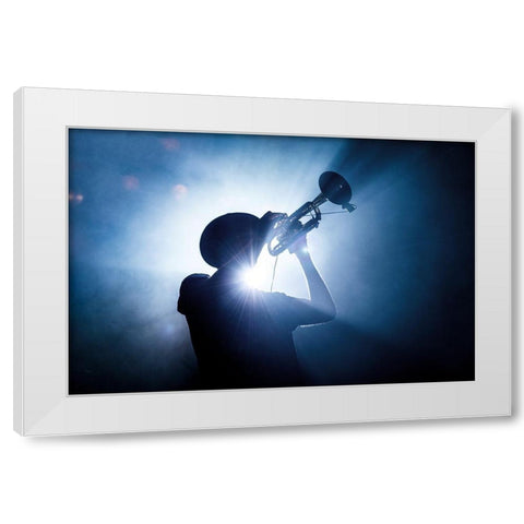 Trumpet Player White Modern Wood Framed Art Print by De Klerck, Erik