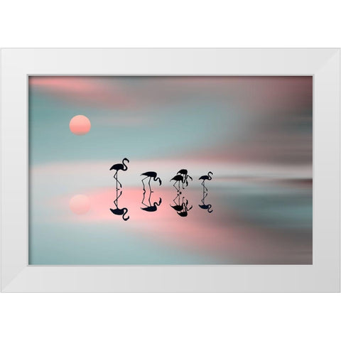 Family flamingos White Modern Wood Framed Art Print by Natalia