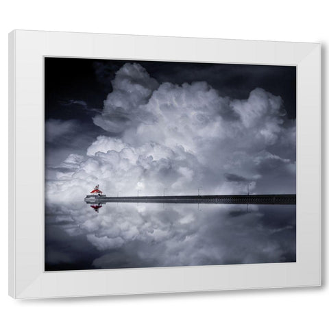 Cloud Desending White Modern Wood Framed Art Print by He, Like