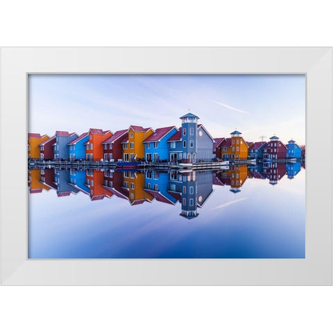 Colored homes White Modern Wood Framed Art Print by Drijfhamer, Ton