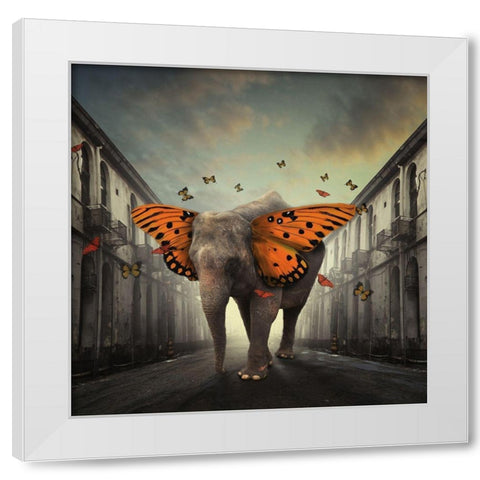 Butterphant White Modern Wood Framed Art Print by Hardibudi