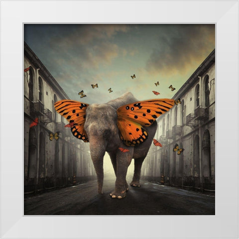 Butterphant White Modern Wood Framed Art Print by Hardibudi
