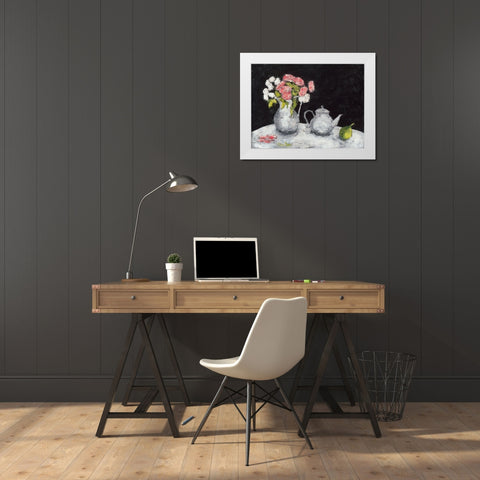 Theiere et roses d Elisa White Modern Wood Framed Art Print by Persillon, Francoise