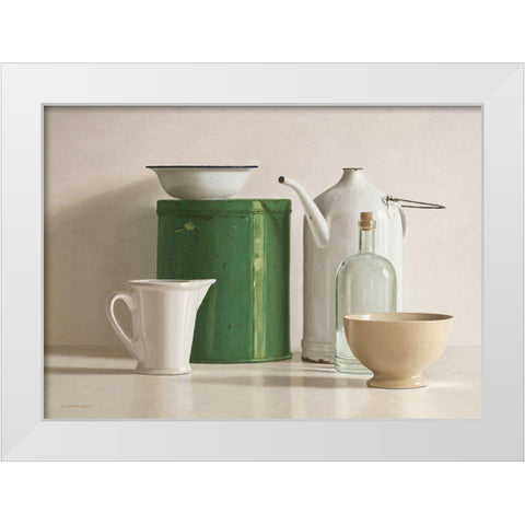 Green tin box-bottle-2 jugs and 2 bowl White Modern Wood Framed Art Print by de Bont, Willem