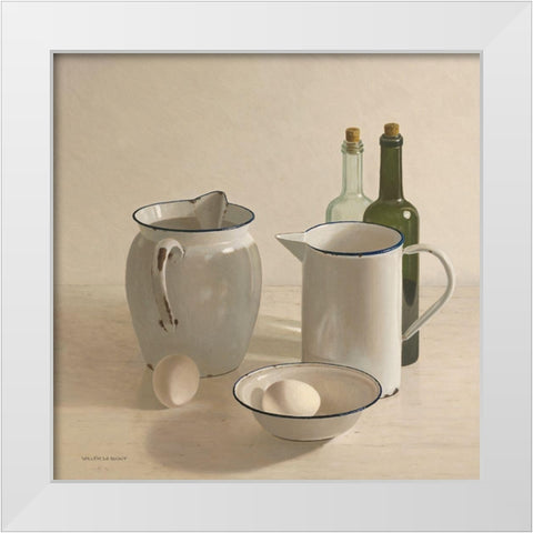 2 jugs-2 bottles-2 eggs and a bowl White Modern Wood Framed Art Print by de Bont, Willem