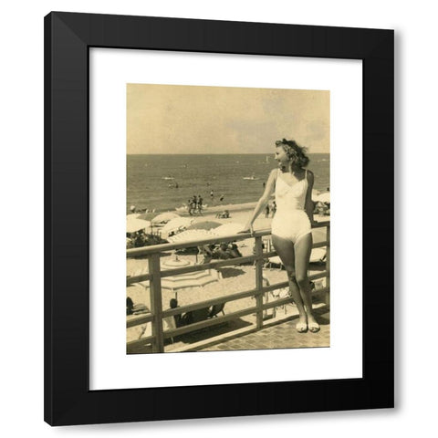 1960's Image Collection by colaimages - Black Modern Wood Framed Art Print Titled: Girl in white swimsuit ovelooking the beach, Italy 1960s