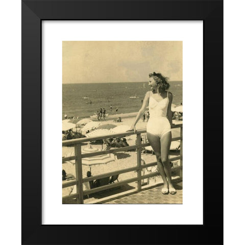 1960's Image Collection by colaimages - Black Modern Wood Framed Art Print Titled: Girl in white swimsuit ovelooking the beach, Italy 1960s