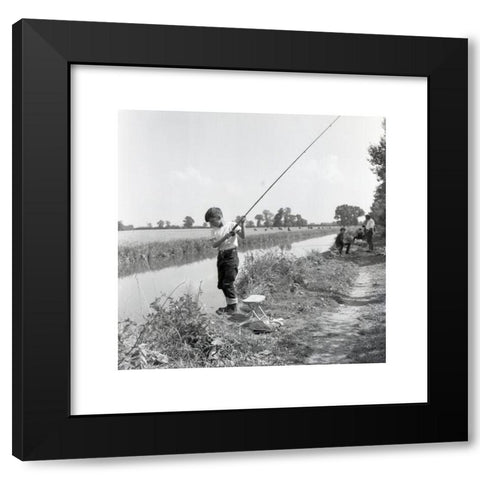 1960's Image Collection by Allan Cash Picture Library - Black Modern Wood Framed Art Print Titled: 1960s, historical, a young boy with his fishing rod on a riverbank taking part in a fishing compettion, England, UK.