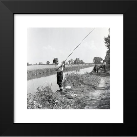 1960's Image Collection by Allan Cash Picture Library - Black Modern Wood Framed Art Print Titled: 1960s, historical, a young boy with his fishing rod on a riverbank taking part in a fishing compettion, England, UK.