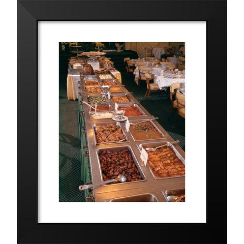 1960's Image Collection by ClassicStock - Black Modern Wood Framed Art Print Titled: 1950s 1960s BUFFET OF HOT DINNER FOODS IN BANQUET ROOM DESSERT TABLE IN BACKGROUND