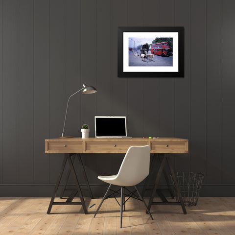 1960's Image Collection by James Davis Photography - Black Modern Wood Framed Art Print Titled: Old ox drawn cart and bright red ex London bus with Bristol cigarette advert on the side in mid 1960s in Colombo Sri Lanka