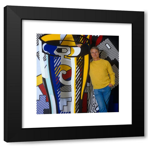1960's Image Collection by Victor Watts - Black Modern Wood Framed Art Print Titled: Roy Lichtenstein, pop artist in his Long Island studio