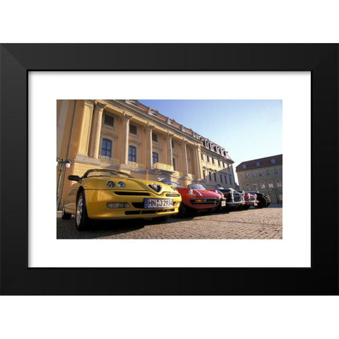 1960's Image Collection by culture-images GmbH - Black Modern Wood Framed Art Print Titled: Car, 90 years Alfa Romeo, landscape, scenery, summer, vintage car, 1960s, sixties, from left to right: Spider 2.0 Twin Spark 200