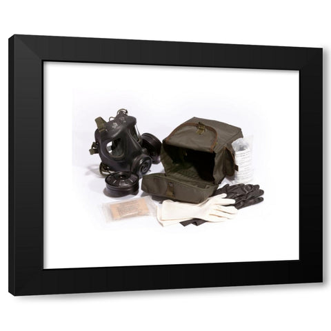 1960's Image Collection by Julie Mowbray - Black Modern Wood Framed Art Print Titled: Contents of a British Military Respirator holdall from the 1960's