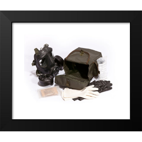 1960's Image Collection by Julie Mowbray - Black Modern Wood Framed Art Print Titled: Contents of a British Military Respirator holdall from the 1960's