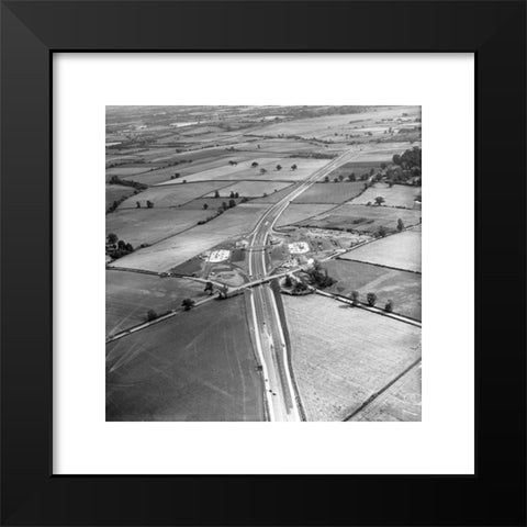 1960's Image Collection by Midland Aerial Pictures - Black Modern Wood Framed Art Print Titled: M5 motorway under construction at Strensham Services with the M50 junction top right 19/7/1962