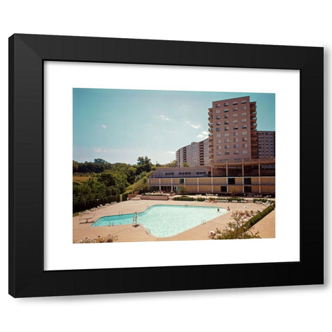 1960's Image Collection by ClassicStock - Black Modern Wood Framed Art Print Titled: 1960s ELEVATED VIEW SWIMMING POOL SHAPED LIKE ARROW HEAD APARTMENT BUILDING HOTEL CONDO