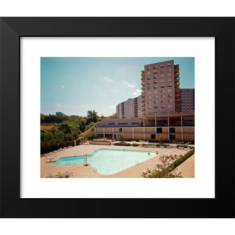 1960's Image Collection by ClassicStock - Black Modern Wood Framed Art Print Titled: 1960s ELEVATED VIEW SWIMMING POOL SHAPED LIKE ARROW HEAD APARTMENT BUILDING HOTEL CONDO