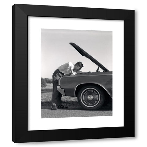 1960's Image Collection by ClassicStock - Black Modern Wood Framed Art Print Titled: 1960s SIDE VIEW OF MAN IN SHIRT & TIE LOOKING UNDER HOOD OF CAR PULLED UP ON SIDE OF ROAD