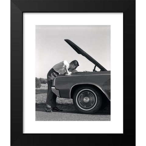 1960's Image Collection by ClassicStock - Black Modern Wood Framed Art Print Titled: 1960s SIDE VIEW OF MAN IN SHIRT & TIE LOOKING UNDER HOOD OF CAR PULLED UP ON SIDE OF ROAD